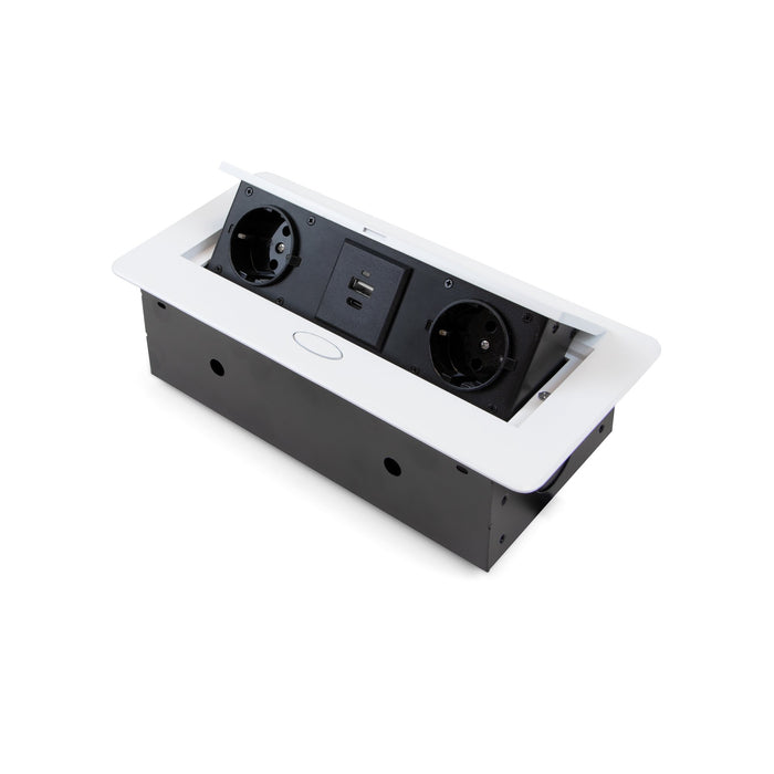 Desktop-Multistecker Atom 26 Lite, 225x111mm, 2 Schukosteckdosen, 1 USB Typ A, 1 USB Typ C, Zamak-Stahl-Kunststoff, Weiß