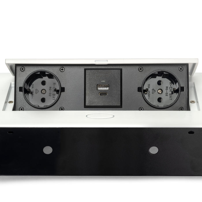 Desktop-Multistecker Atom 26 Lite, 225x111mm, 2 Schukosteckdosen, 1 USB Typ A, 1 USB Typ C, Zamak-Stahl-Kunststoff, Weiß