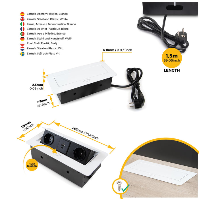 Desktop-Multistecker Atom 26 Lite, 225x111mm, 2 Schukosteckdosen, 1 USB Typ A, 1 USB Typ C, Zamak-Stahl-Kunststoff, Weiß
