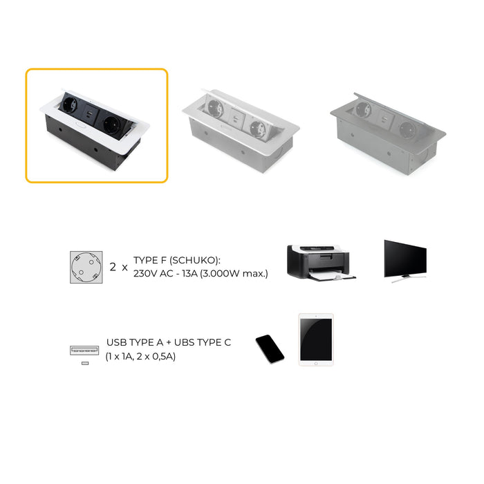 Desktop-Multistecker Atom 26 Lite, 225x111mm, 2 Schukosteckdosen, 1 USB Typ A, 1 USB Typ C, Zamak-Stahl-Kunststoff, Weiß