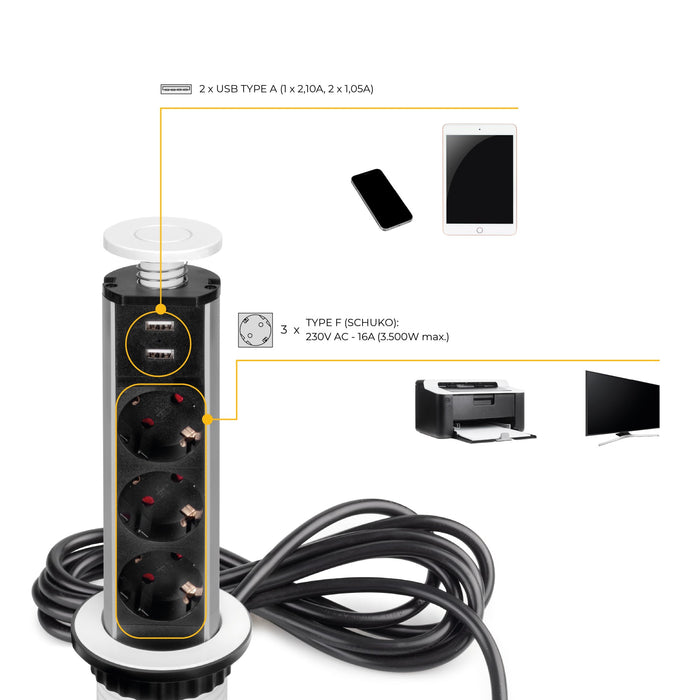 abnehmbarer Multistecker Vertikal, 3 x Schuko-Stecker, 2 x USB Typ A, Kunststoff Aluminium, Weiß metallic