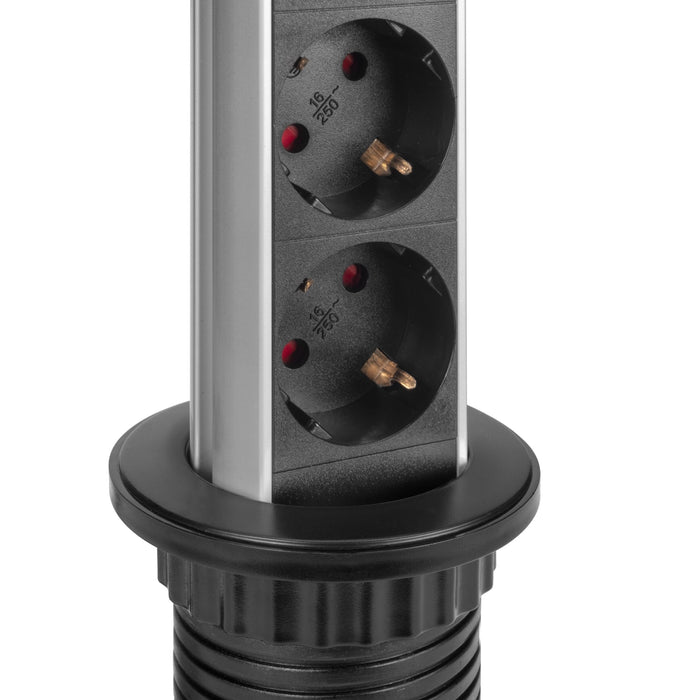 abnehmbarer Multistecker Vertikal, 3 Schuko-Stecker, 2 USB Typ A, Kunststoff Aluminium, Schwarz metallic