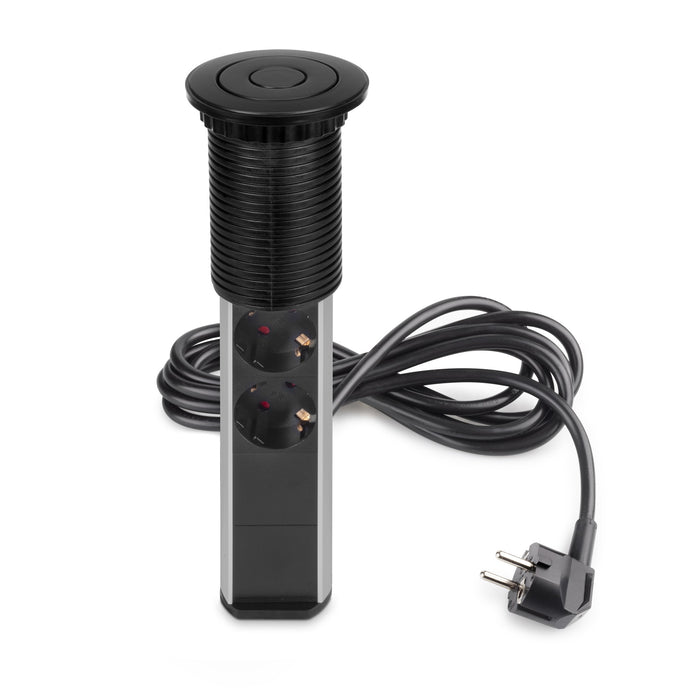 abnehmbarer Multistecker Vertikal, 3 Schuko-Stecker, 2 USB Typ A, Kunststoff Aluminium, Schwarz metallic