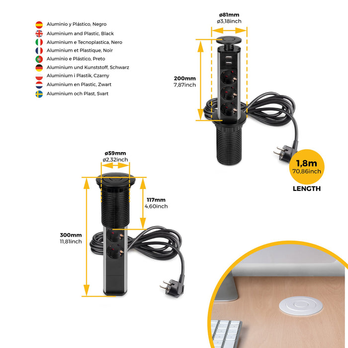 abnehmbarer Multistecker Vertikal, 3 Schuko-Stecker, 2 USB Typ A, Kunststoff Aluminium, Schwarz metallic