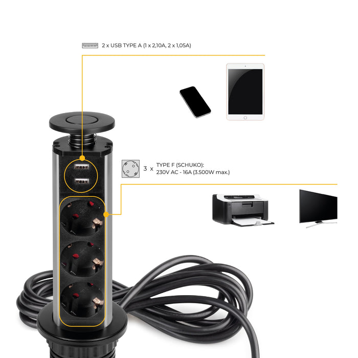 abnehmbarer Multistecker Vertikal, 3 Schuko-Stecker, 2 USB Typ A, Kunststoff Aluminium, Schwarz metallic