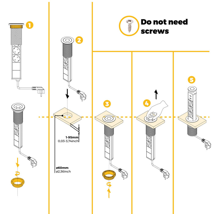 abnehmbarer Multistecker Vertikal, 3 Schuko-Stecker, 2 USB Typ A, Kunststoff Aluminium, Schwarz metallic