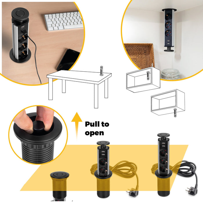 abnehmbarer Multistecker Vertikal, 3 Schuko-Stecker, 2 USB Typ A, Kunststoff Aluminium, Schwarz metallic