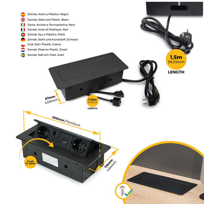 Multistecker Atom 26, 225x111mm, 2 Schuko-Stecker, 1 USB Typ A, 1 USB Typ C, 1 RJ45, 1 HDMI, Zamak-Stahl-Kunststoff, Schwarz