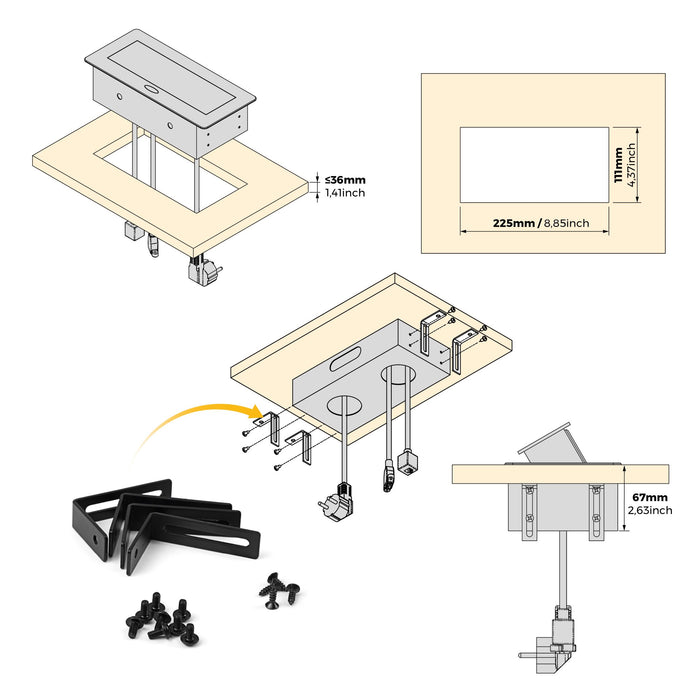 Multistecker Atom 26, 225x111mm, 2 Schuko-Stecker, 1 USB Typ A, 1 USB Typ C, 1 RJ45, 1 HDMI, Zamak-Stahl-Kunststoff, Metallic Grau