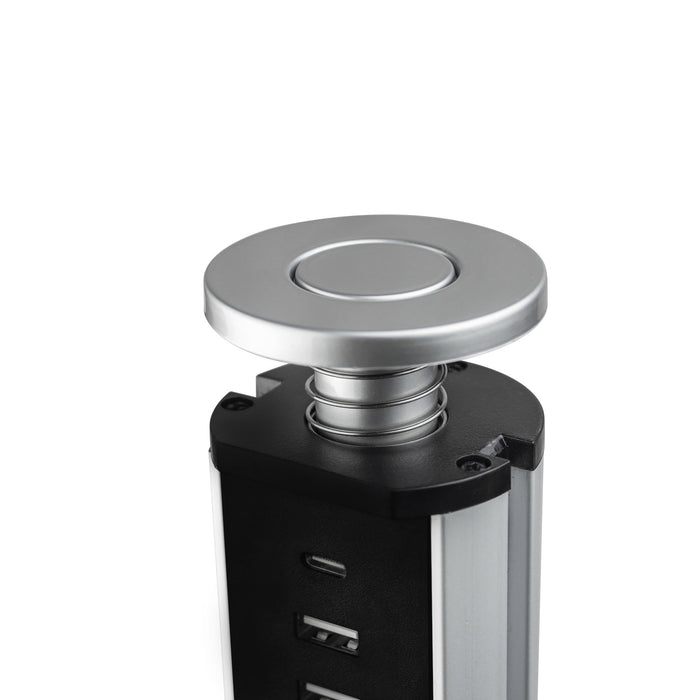 abnehmbarer Multistecker Vertikal, 3 x Schuko-Stecker, 1 x USB Typ A, 1 x USB Typ C, Kunststoff Aluminium, Metallic Grau