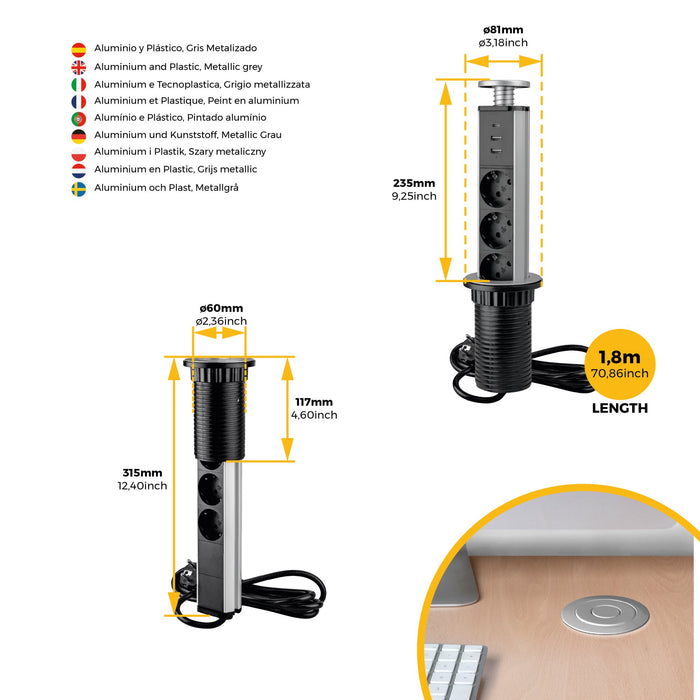 abnehmbarer Multistecker Vertikal, 3 x Schuko-Stecker, 1 x USB Typ A, 1 x USB Typ C, Kunststoff Aluminium, Metallic Grau