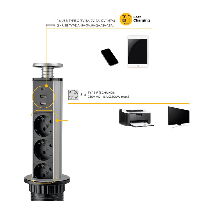 abnehmbarer Multistecker Vertikal, 3 x Schuko-Stecker, 1 x USB Typ A, 1 x USB Typ C, Kunststoff Aluminium, Metallic Grau
