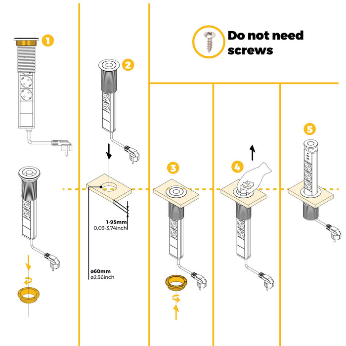abnehmbarer Multistecker Vertikal, 3 x Schuko-Stecker, 1 x USB Typ A, 1 x USB Typ C, Kunststoff Aluminium, Metallic Grau