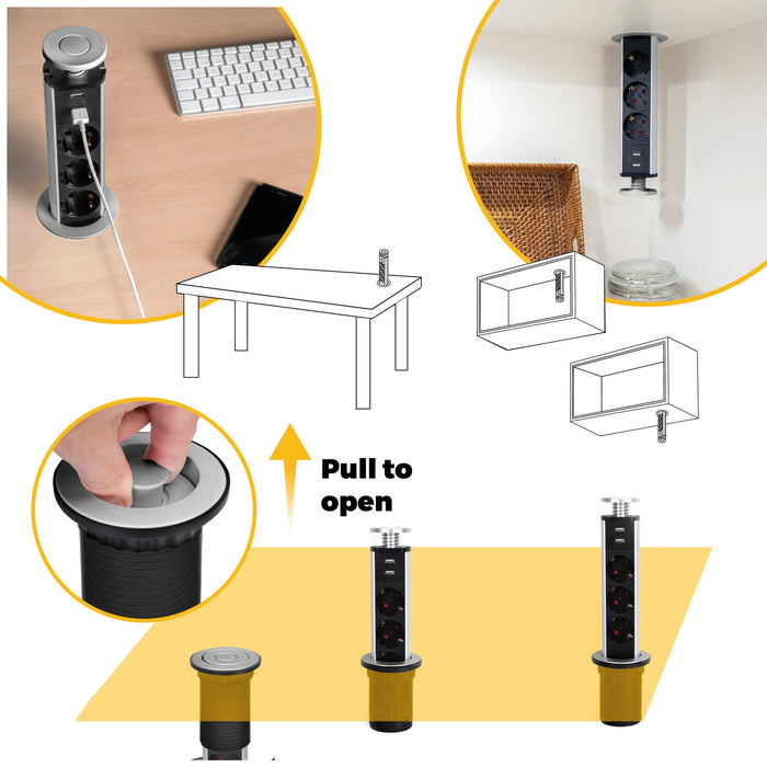 abnehmbarer Multistecker Vertikal, 3 x Schuko-Stecker, 1 x USB Typ A, 1 x USB Typ C, Kunststoff Aluminium, Metallic Grau