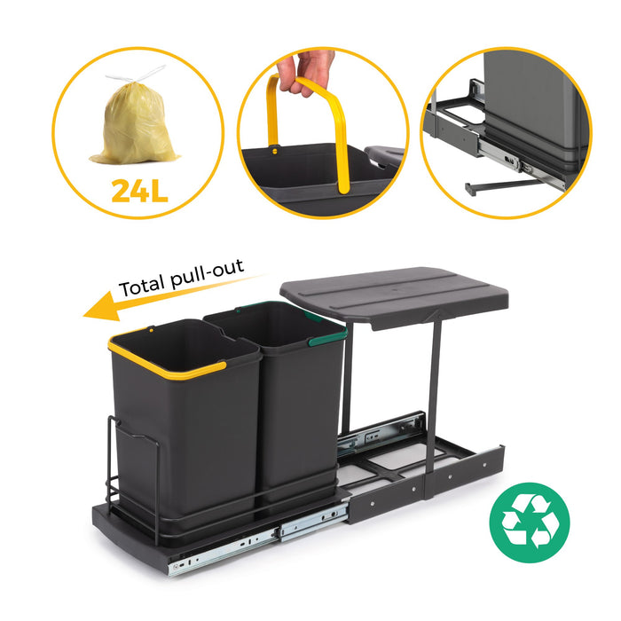 Recyclingbehälter die Bodenmontage manuellen/automatische Auszug in Küchenzeilen 2x12 Liter, Kunststoff, anthrazitgrau