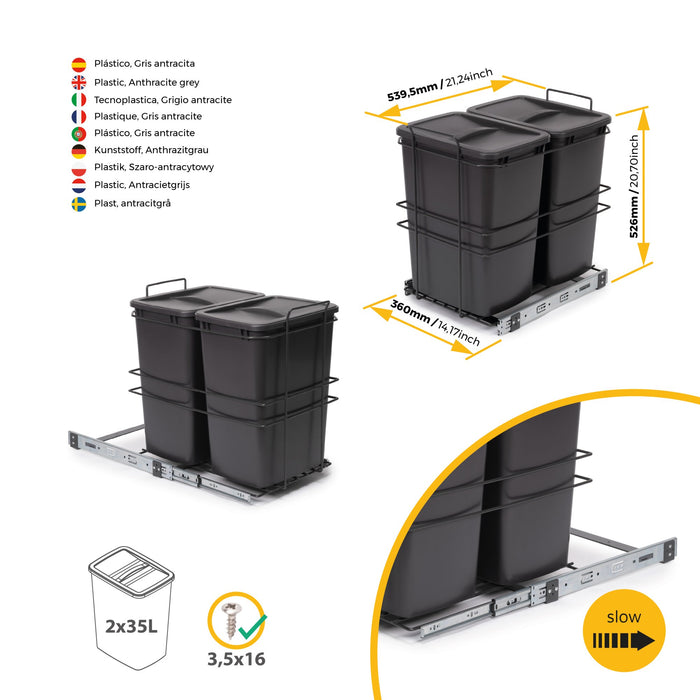 Recyclingbehälter Bodenmontage manuellen Auszug in Küchenzeile, 2x35 Liter, Kunststoff, anthrazitgrau