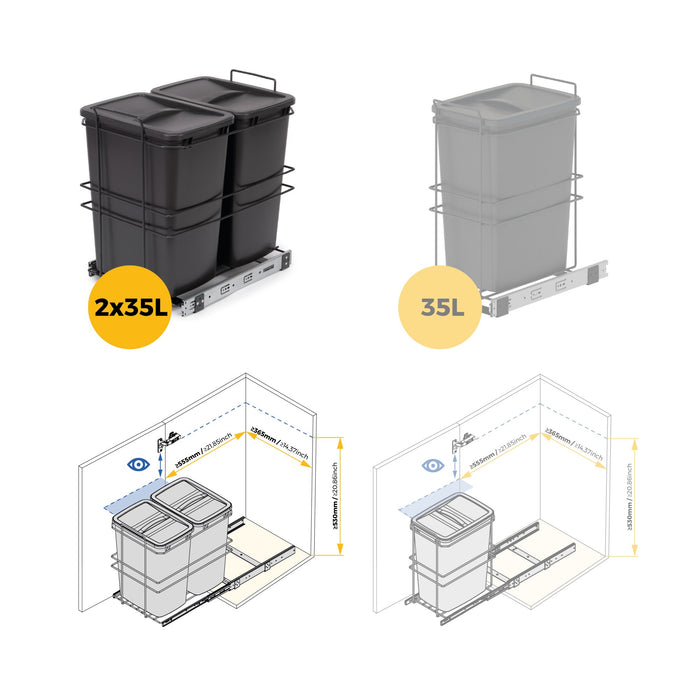 Recyclingbehälter Bodenmontage manuellen Auszug in Küchenzeile, 2x35 Liter, Kunststoff, anthrazitgrau