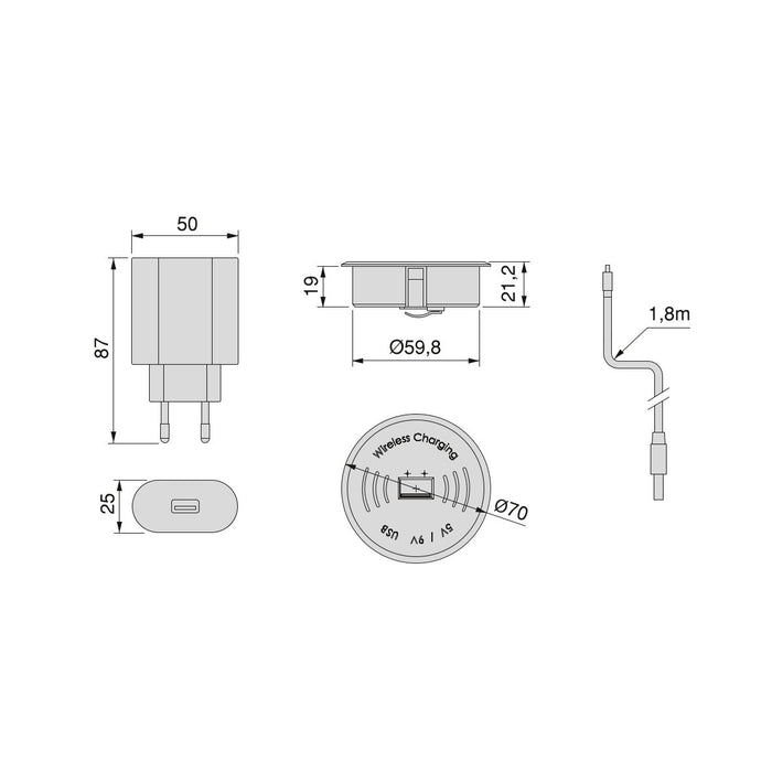 kabelloses Handy-Ladegerät Airtop 2, Oberflächen USB A, D.60mm, 5V DC / 2.1A (USB-10W/Qi-10W), Kunststoff, Schwarz
