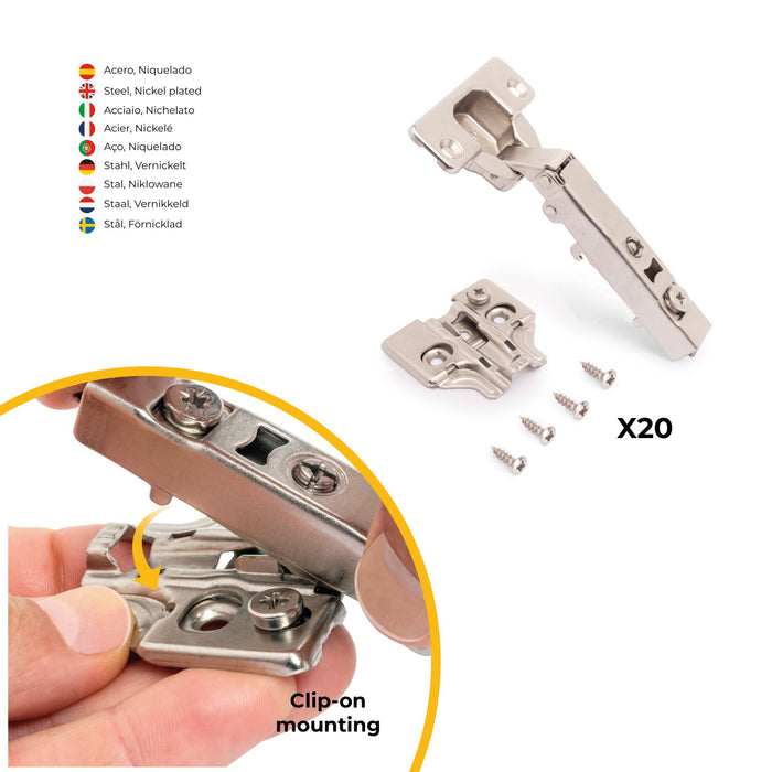 Kit von 20 Topfscharnierr X92N Eckanschlag, Kreuzmontageplatte zum Schrauben, Stahl, vernickelt