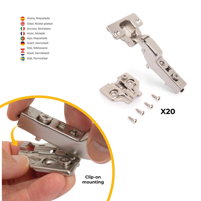 Kit von 20 Topfscharniere X92 telanschlag, Schließautomatik, Kreuzmontageplatten zum Schrauben, Stahl, vernickelt