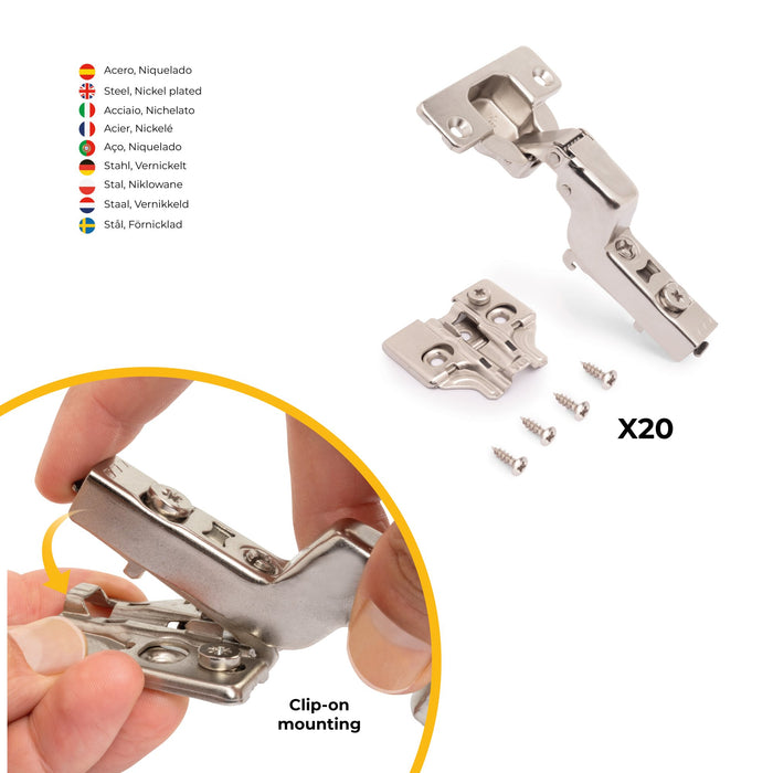 Kit von 20 Topfscharniere X92 Innenanschlag, Schließautomatik, Kreuzmontageplatten zum Schrauben, Stahl, vernickelt