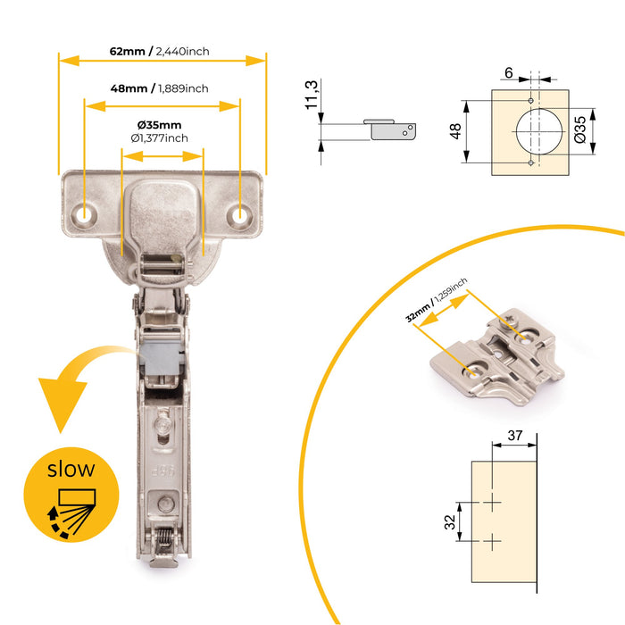 Kit von 20 Topfscharniere X92 Innenanschlag, Schließautomatik, Kreuzmontageplatten zum Schrauben, Stahl, vernickelt