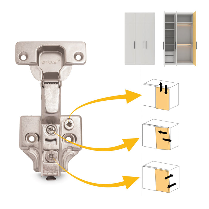 Kit von 20 Topfscharniere X92 Innenanschlag, Schließautomatik, Kreuzmontageplatten zum Schrauben, Stahl, vernickelt
