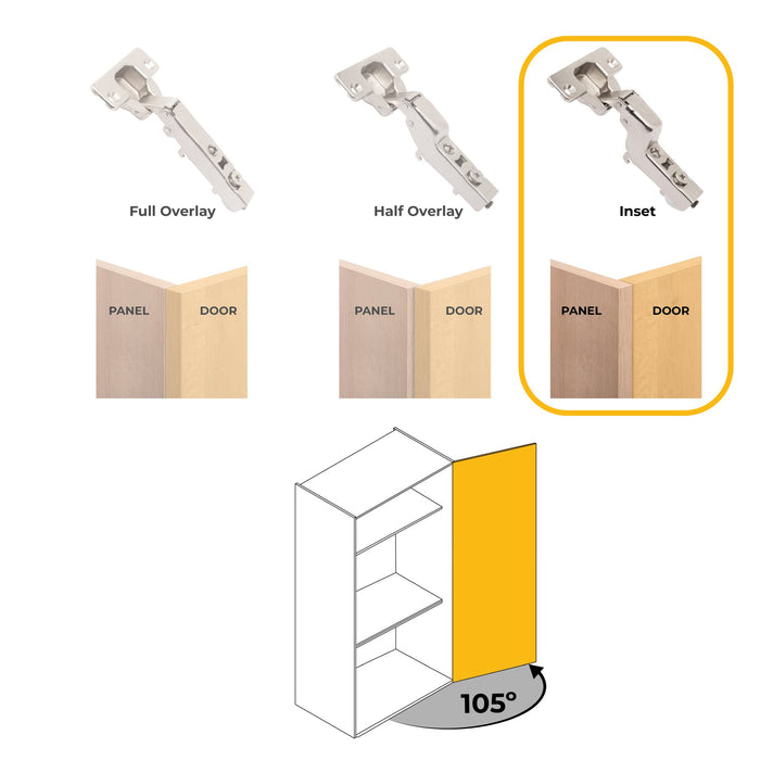 Kit von 20 Topfscharniere X92 Innenanschlag, Schließautomatik, Kreuzmontageplatten zum Schrauben, Stahl, vernickelt