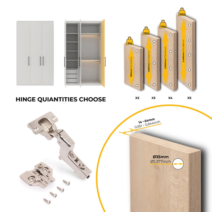 Kit von 20 Topfscharniere X92 Innenanschlag, Schließautomatik, Kreuzmontageplatten zum Schrauben, Stahl, vernickelt