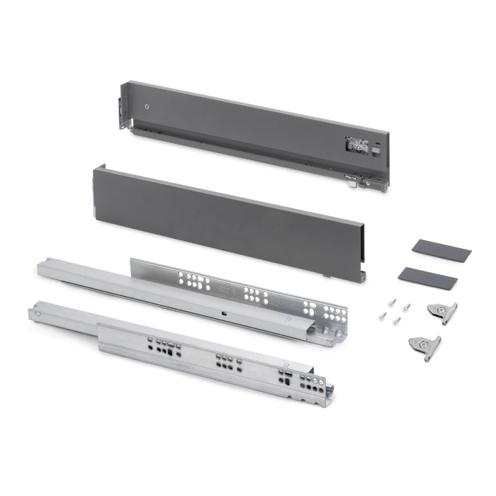 Aussenschublade Vertex mit 3D-Regelung, Höhe 93mm, 40Kg, Brettstärke von 18mm, Tiefe 450mm, Stahl, Anthrazitgrau