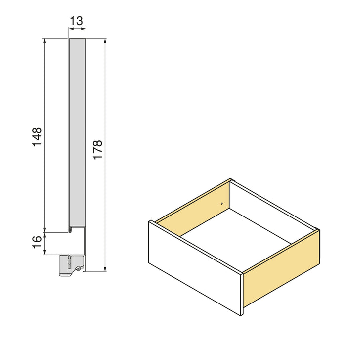 Aussenschublade Vertex mit 3D-Regelung, Höhe 178mm, 40Kg, Tiefe 350mm, Stahl, Grau metallic