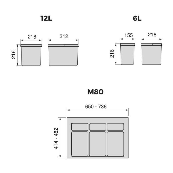 Lot Recyclingbehälter Küchenschublade Boden H 216mm, 2x12Liter, 2x6Liter, Modul 800mm, Kunststoff Anthrazitgrau