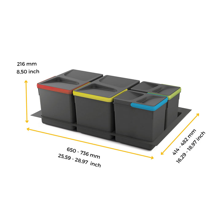 Lot Recyclingbehälter Küchenschublade Boden H 216mm, 2x12Liter, 2x6Liter, Modul 800mm, Kunststoff Anthrazitgrau