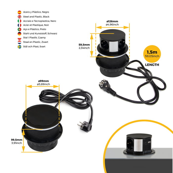 Vertikal Push abnehmbare Mehrfachsteckdose durchmesser 100mm, 3 Schuko-Stecker, 1 USB Typ A, 1 USB Typ C, Stahl Kunststoff, Schwarz