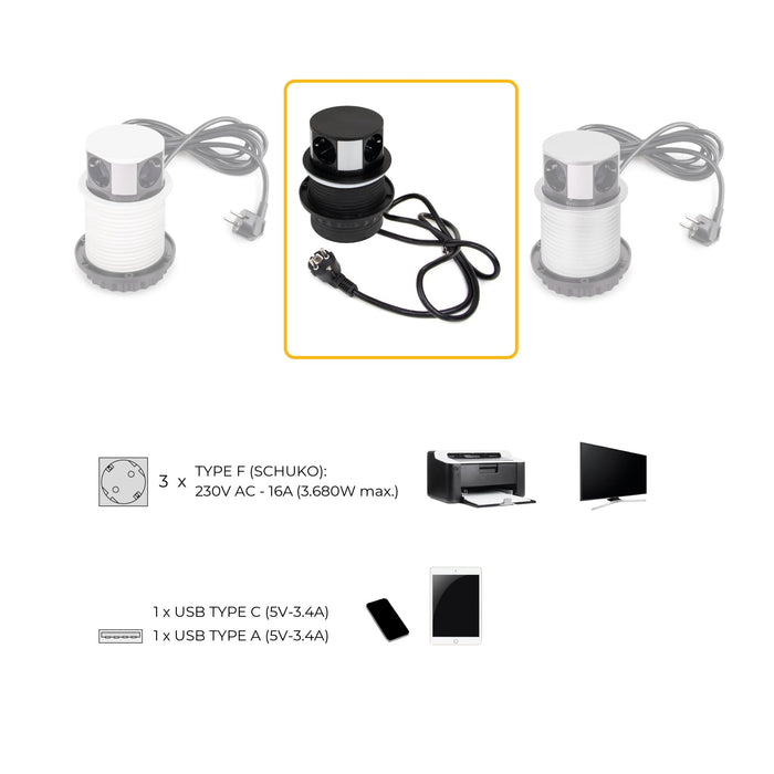 Vertikal Push abnehmbare Mehrfachsteckdose durchmesser 100mm, 3 Schuko-Stecker, 1 USB Typ A, 1 USB Typ C, Stahl Kunststoff, Schwarz