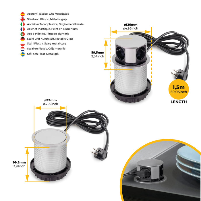 Vertikal Push abnehmbare Mehrfachsteckdose durchmesser 100mm, 3 Schuko-Stecker, 1 USB Typ A, 1 USB Typ C, Stahl Kunststoff, Grau metallic