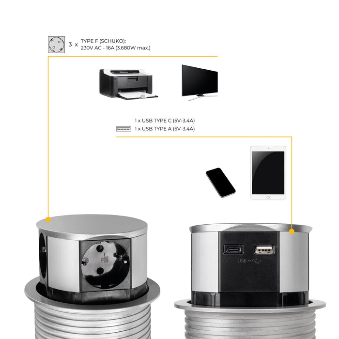 Vertikal Push abnehmbare Mehrfachsteckdose durchmesser 100mm, 3 Schuko-Stecker, 1 USB Typ A, 1 USB Typ C, Stahl Kunststoff, Grau metallic