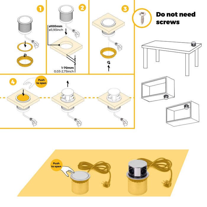 Vertikal Push abnehmbare Mehrfachsteckdose durchmesser 100mm, 3 Schuko-Stecker, 1 USB Typ A, 1 USB Typ C, Stahl Kunststoff, Grau metallic