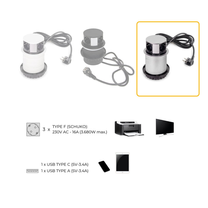 Vertikal Push abnehmbare Mehrfachsteckdose durchmesser 100mm, 3 Schuko-Stecker, 1 USB Typ A, 1 USB Typ C, Stahl Kunststoff, Grau metallic