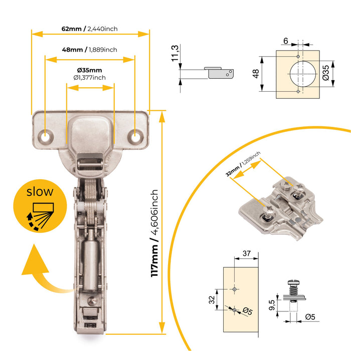Kit von 20 Topfscharniere X91 Eckanschlag, Schließautomatik, Montageplatten vormontiereten Schrauben Spreizdübeln, Durchmesser 5x9,5mm, H 0, Stahl, vernickelt