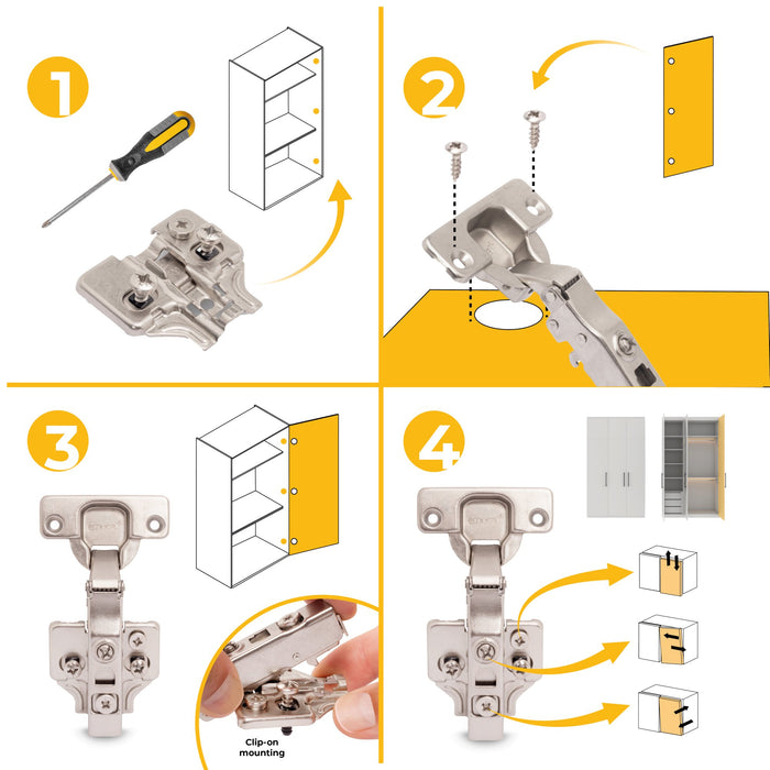 Kit von 20 Topfscharniere X91 Eckanschlag, Schließautomatik, Montageplatten vormontiereten Schrauben Spreizdübeln, Durchmesser 5x9,5mm, H 0, Stahl, vernickelt