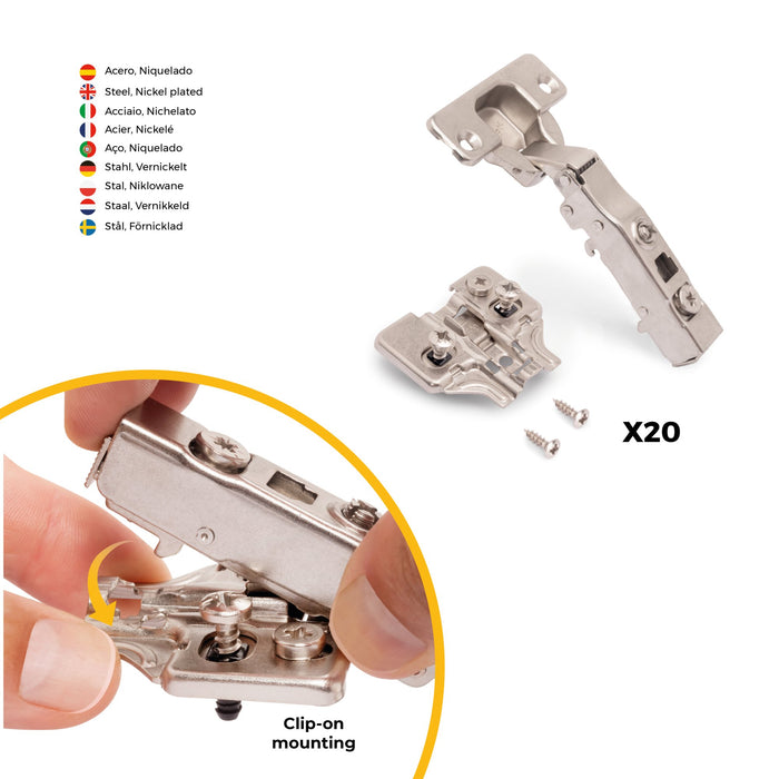 Kit von 20 Topfscharniere X91N Eckanschlag, Montageplatten vormontiereten Schrauben Spreizdübeln , Durchmesser 5x9.5mm, H 0, Stahl, vernickelt
