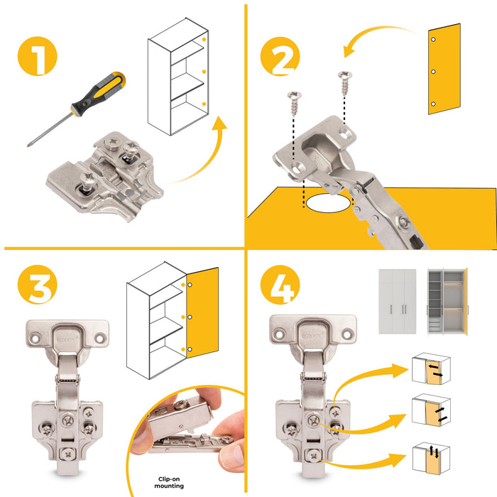 Kit von 20 Topfscharniere X91N Eckanschlag, Montageplatten vormontiereten Schrauben Spreizdübeln , Durchmesser 5x9.5mm, H 0, Stahl, vernickelt