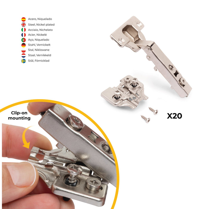 Kit von 20 Topfscharniere X92N Eckanschlag, Kreuzmontageplatten zum Schrauben, Durchmesser 5x9,5mm, H 0, Stahl, vernickelt