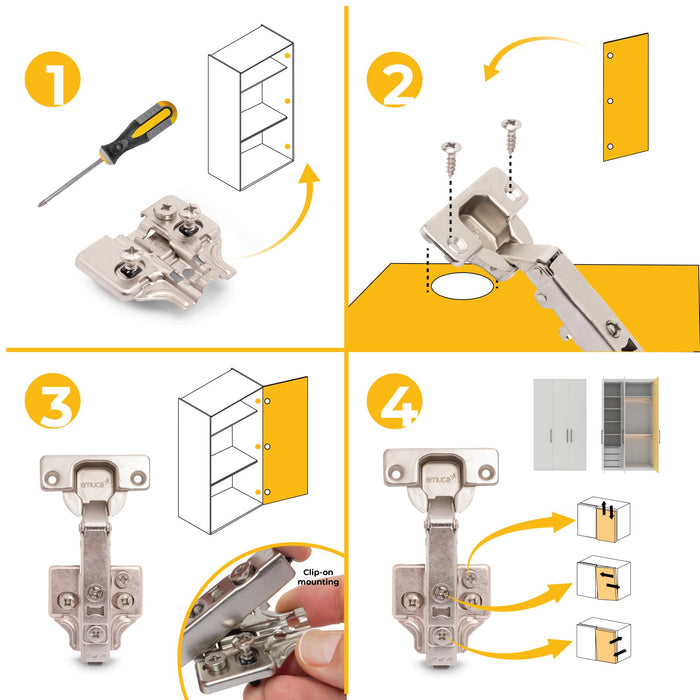 Kit von 20 Topfscharniere X92N Eckanschlag, Kreuzmontageplatten zum Schrauben, Durchmesser 5x9,5mm, H 0, Stahl, vernickelt