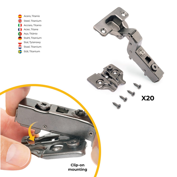 Kit von 20 Topfscharniere x91 Innenanschlag Schließautomatik Kreuzmontageplatten zum Schrauben, H 0, Stahl, Titan-Ausführung