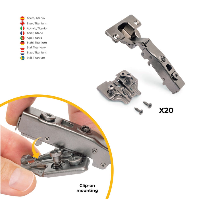 Kit von 20 Topfscharniere X91 Eckanschlag Schließautomatik Titan-Ausführung, H 0, Stahl, Titan-Ausführung