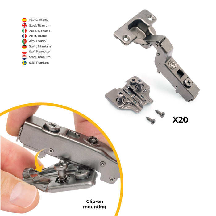 Kit von 20 Topfscharniere X91 Innenanschlag Schließautomatik Euro Extras, H 0, Stahl, Titan-Ausführung