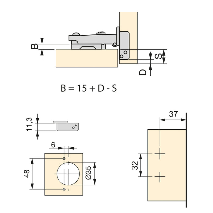 Kit von 20 Topfscharniere X91 Eckanschlag sanftem Schließautomatik Kreuzmontageplatten zum Schrauben, H 0, Stahl, vernickelt