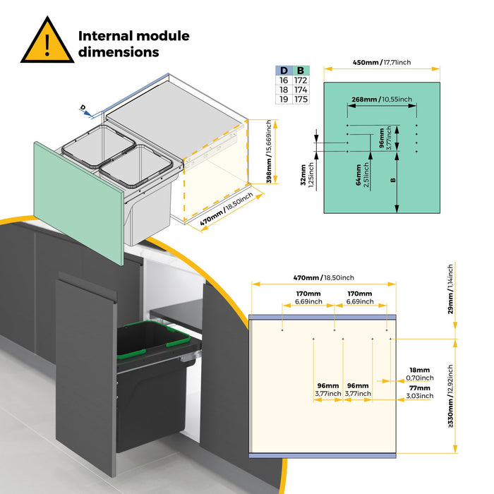 Recyclingbehälterf die seitliche Montage an Küchenschränke, 2x24Liter, Stahl, Kunststoff anthrazitgrau